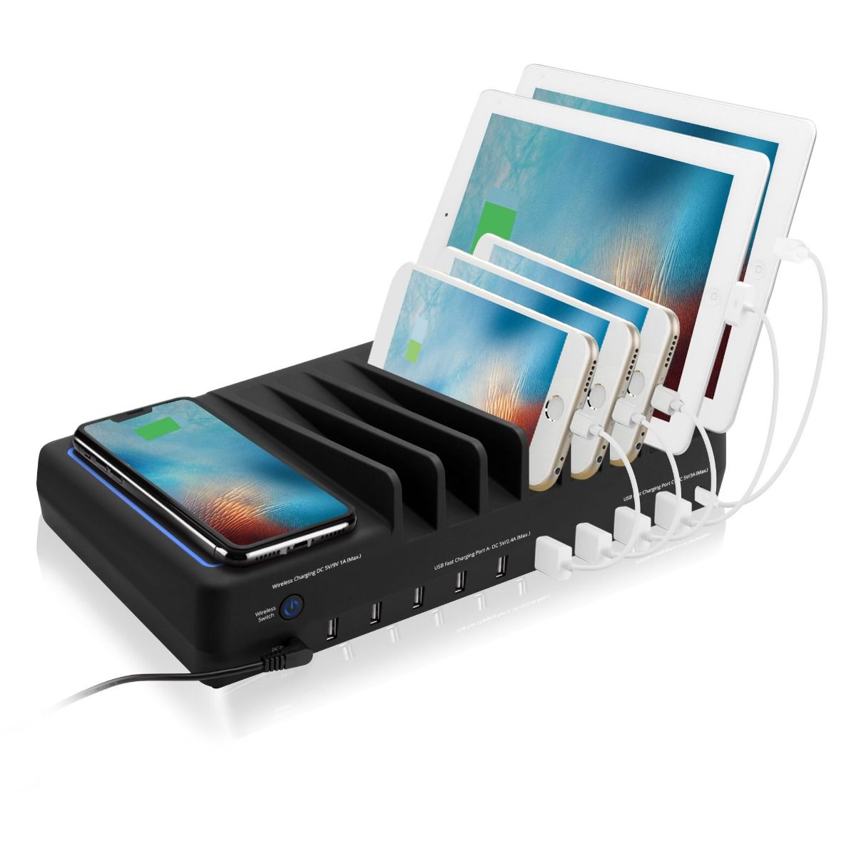 90W 10-Port USB-A/C & Wireless Charging Station with Ambient Light Deck - 9A1C