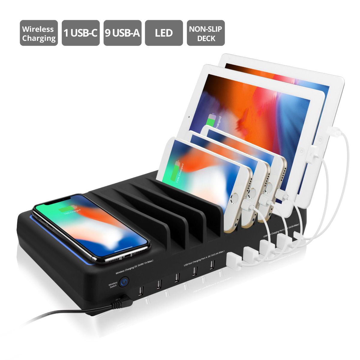 90W 10-Port USB-A/C & Wireless Charging Station with Ambient Light Deck - 9A1C