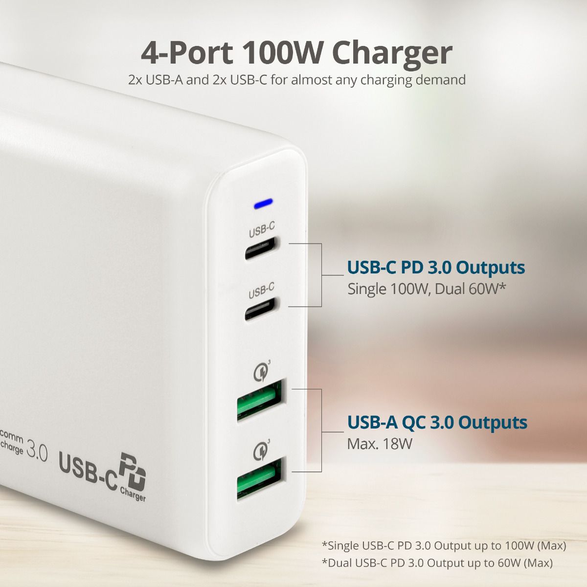 100W Dual USB-C PD & QC 3.0 Combo Power Charger - White