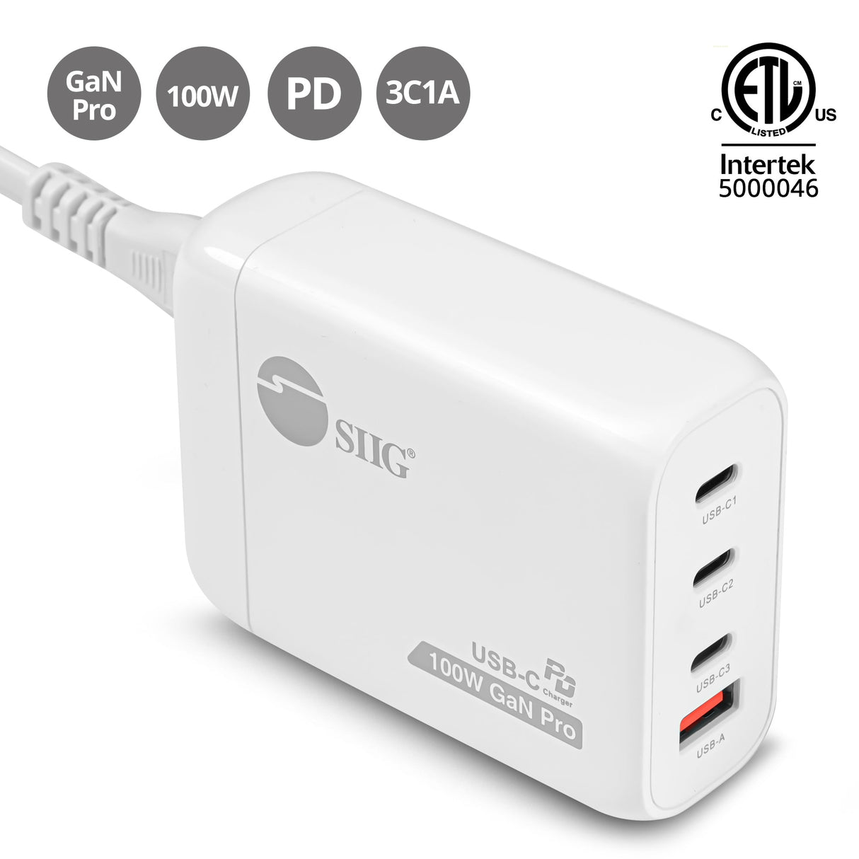 100W GaN PD Combo Power Charger - 3C1A - USB-C Charging Station - Portable USB Type-C Charger - Max 100W output totally - C1/C2 up to 100W - C3 up to 65W - USB-A up to 30W