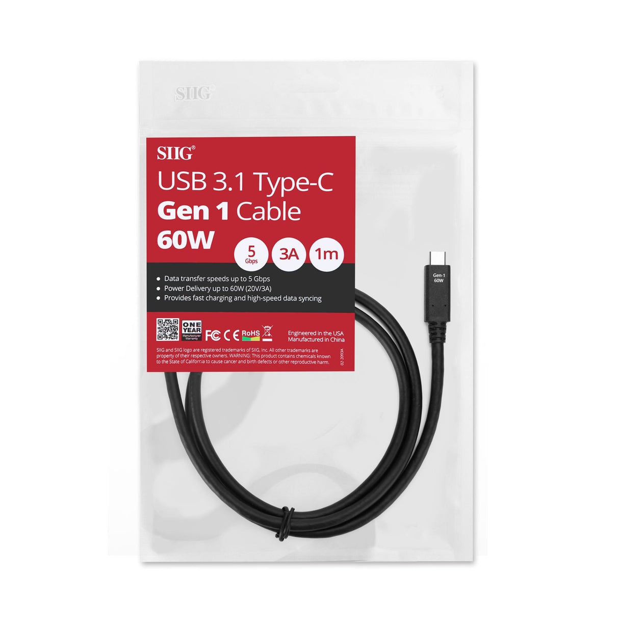 USB 3.1 Type-C Gen 1 Cable 60W - 1M
