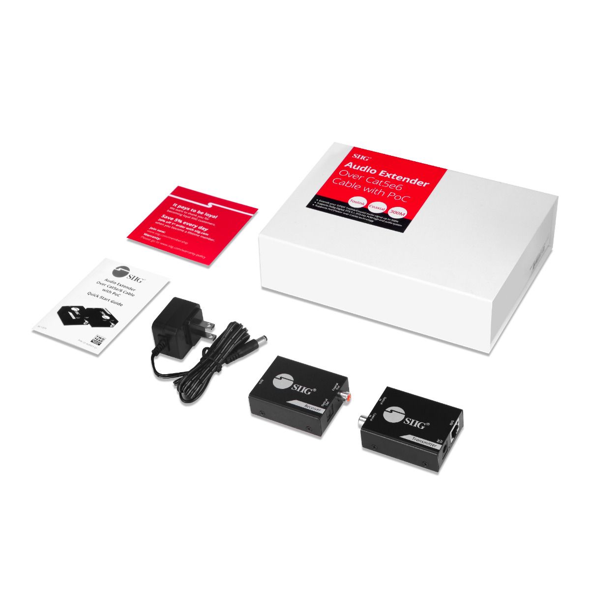 Digital Audio Extender Over Cat5e/6 Cable with PoC - Audio Signals up to 990ft