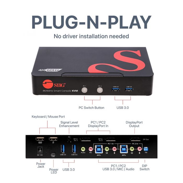 2-Port DisplayPort 1.2 Smart Console KVM Switch with USB 3.0 and Multi-Media Ports - 4K@60Hz