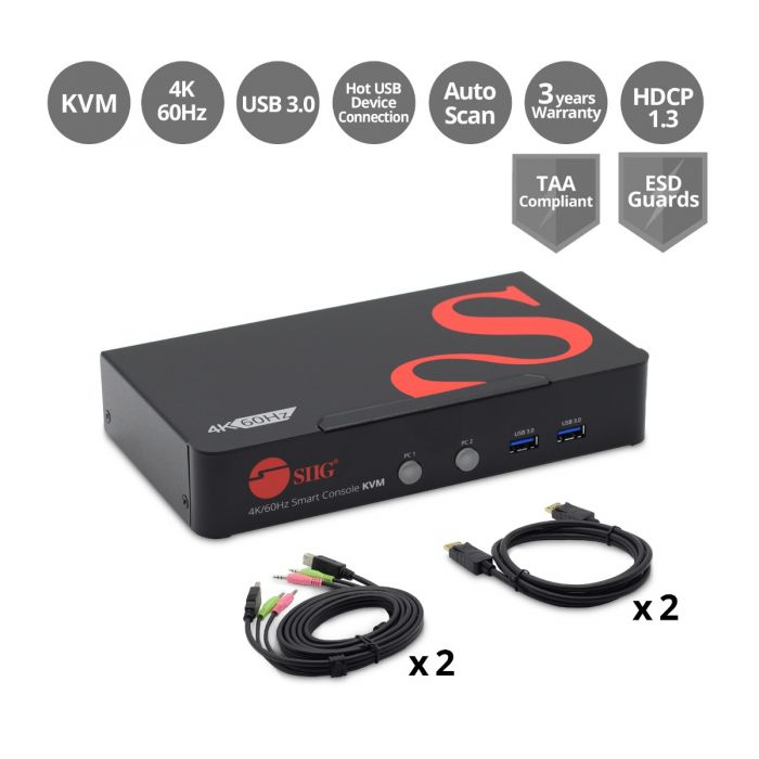2-Port DisplayPort 1.2 Smart Console KVM Switch with USB 3.0 and Multi-Media Ports - 4K@60Hz