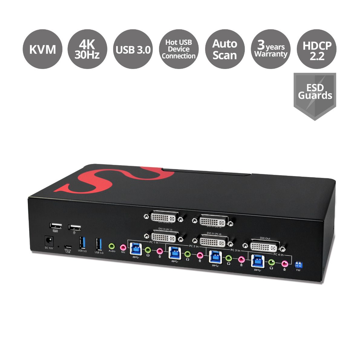 4-Port DVI Dual-Link Smart Console KVM Switch with USB 3.0 and Multimedia Ports