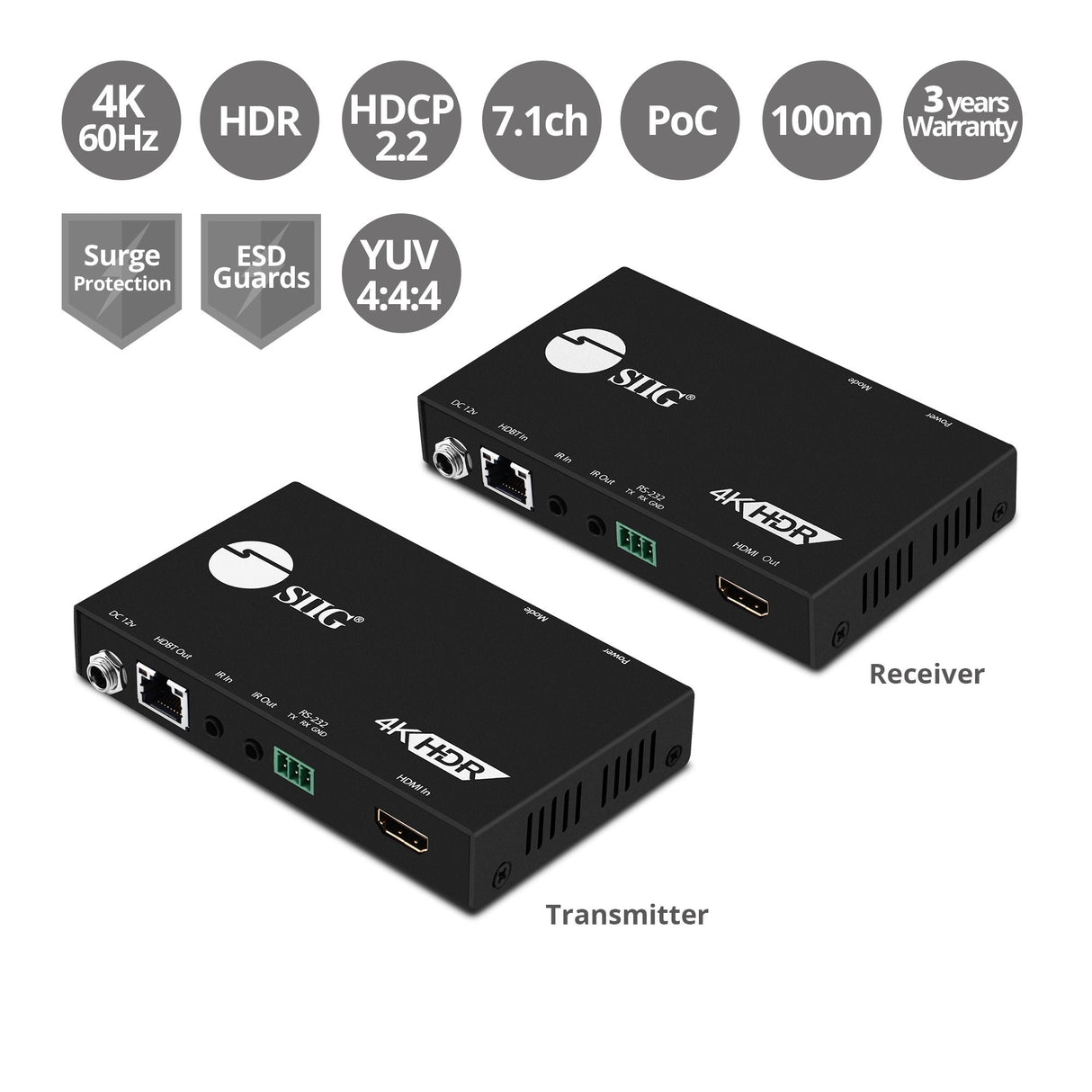 4K HDR HDMI HDBaseT Extender Over Single Cat5e/6 with RS-232 & IR - 100m