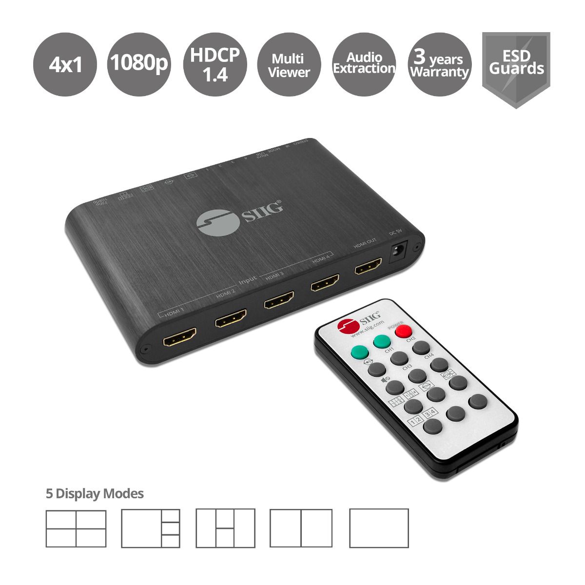 4x1 HDMI Seamless Quad-Split Multi-Viewer Switcher