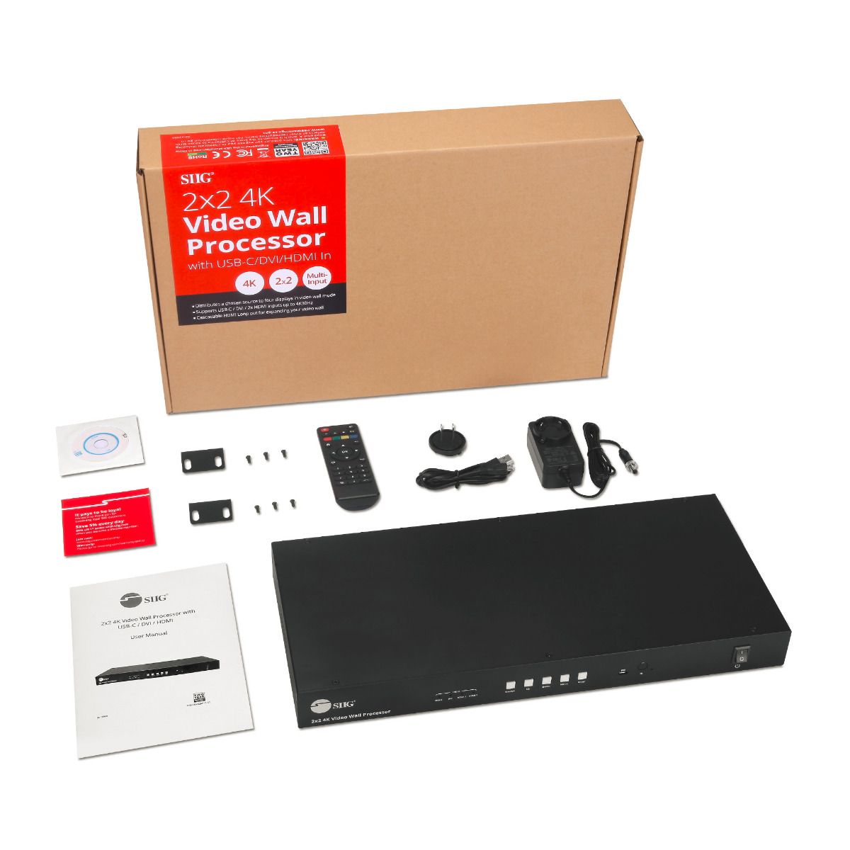 2x2 4K HDMI Video Wall Processor with USB-C/DVI/HDMI Input, RS-232/IR Remote/Web GUI control, SPDIF/3.5mm Audio Extract, Cascading up to 10x10