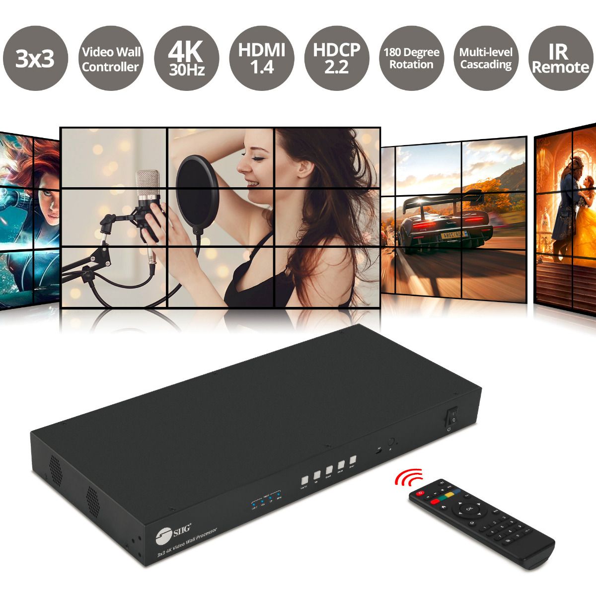 3x3 4K Video Wall Processor with USB-C/DP/VGA/HDMI In, RS-232/IR Remote/Web GUI control, SPDIF/3.5mm Audio Extract, Cascading up to 10x10