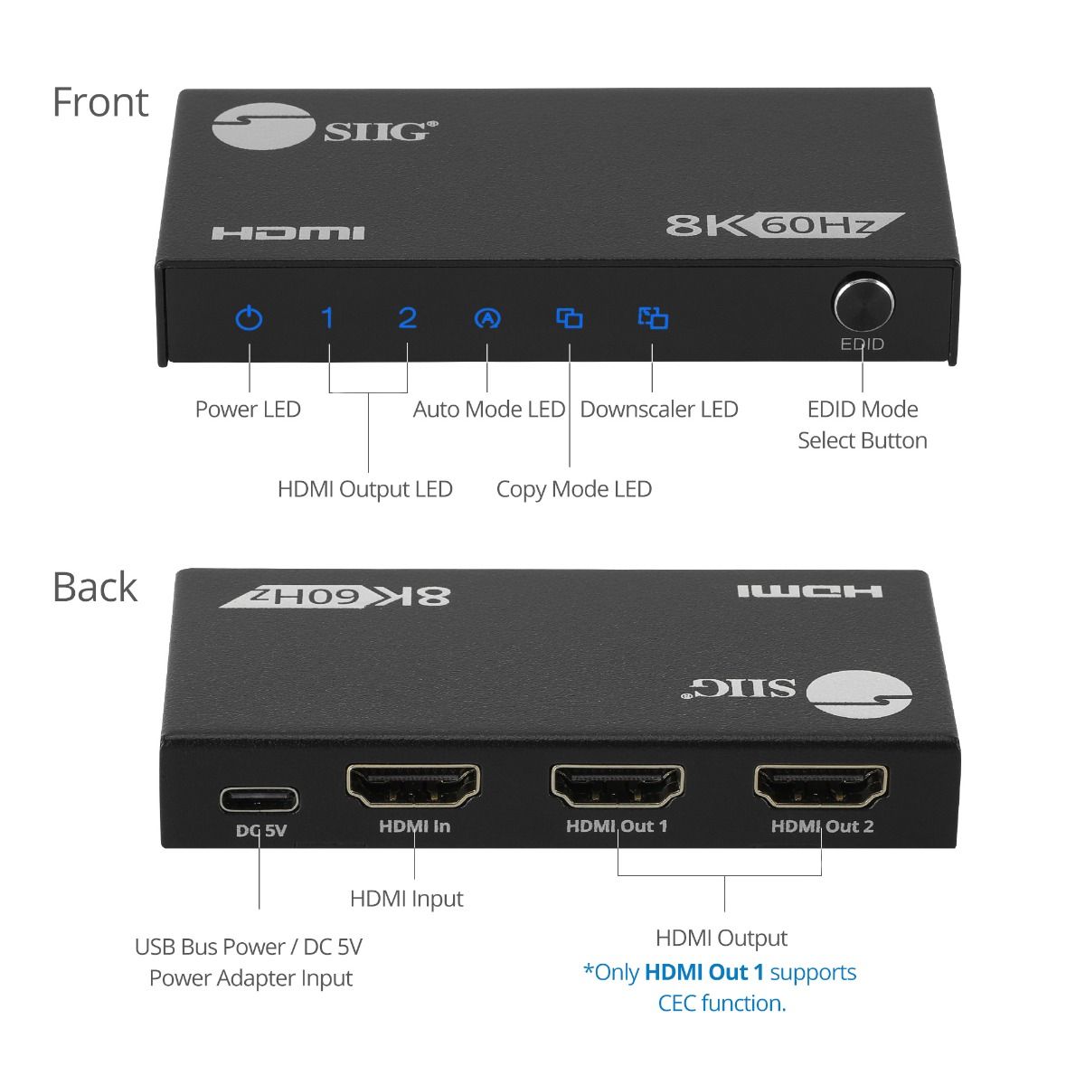 1x2 8K60Hz / 4K120Hz / 2K240Hz-HDMI Splitter with VRR/ALLM - 40G - EDID management - Auto/Copy/Downscaler mode