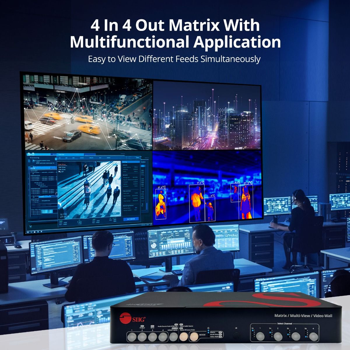 4x4 HDMI 4K60Hz Matrix with Quad-Viewer & Video Wall Controller, Seamless Switching, PIP, EDID Management, Push Buttons, IR Remote Control, Software Control, TAA Compliant