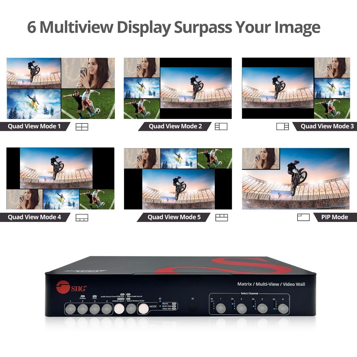 4x4 HDMI 4K60Hz Matrix with Quad-Viewer & Video Wall Controller, Seamless Switching, PIP, EDID Management, Push Buttons, IR Remote Control, Software Control, TAA Compliant