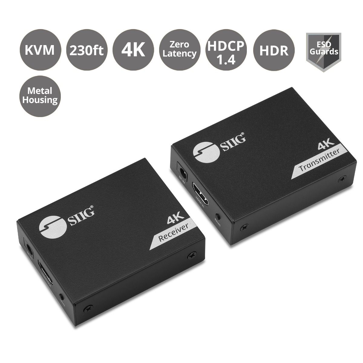 4K HDMI USB KVM Extender over Cat6 - Up to 230 feet - Zero Latency - ESD Protection - Metal Housing