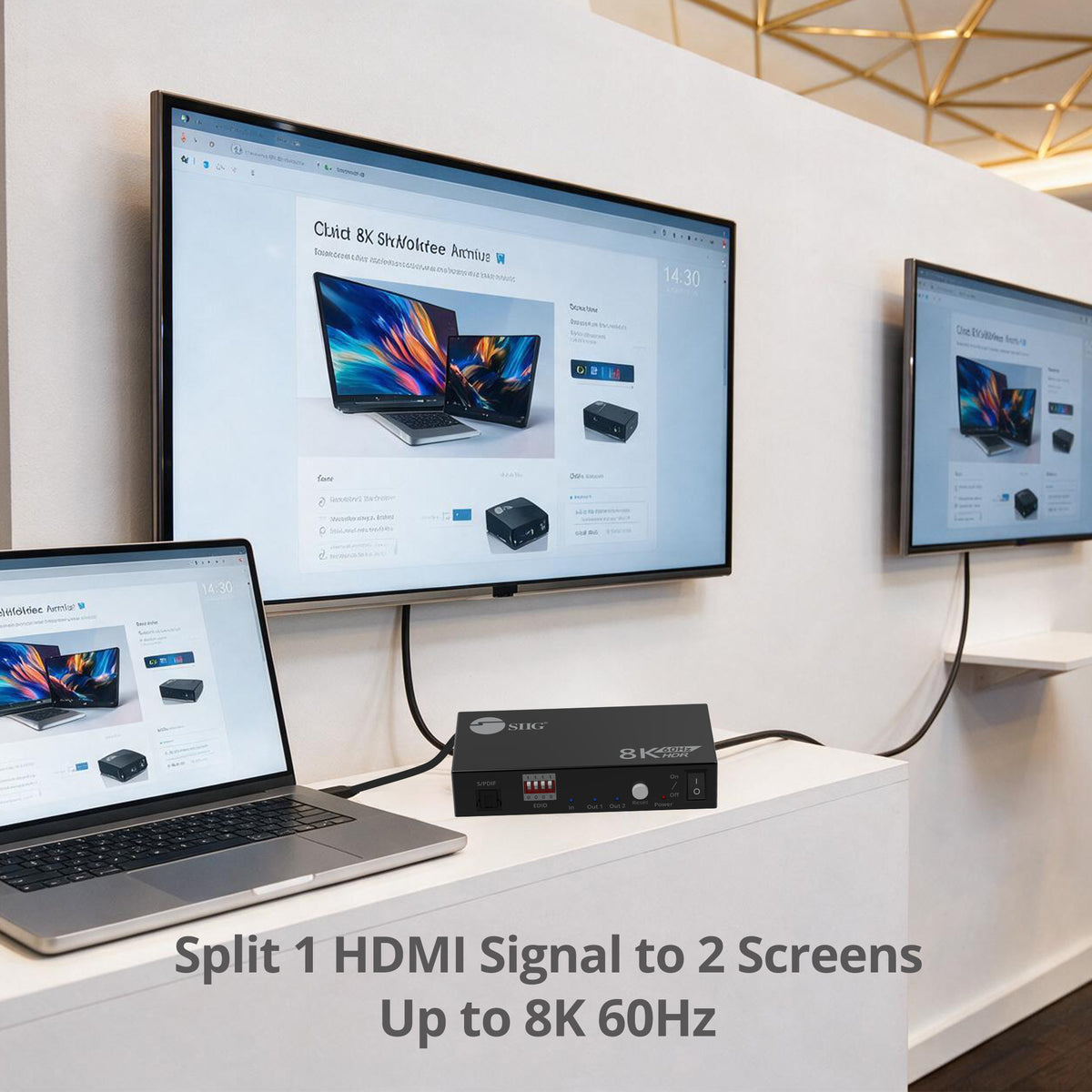 8K HDMI 2.1 Splitter 1 Input 2 Output, 8K60Hz 4K120Hz 48Gbps HDCP2.3, EDID Function, S/PDIF Audio Extractor, Metal Housing