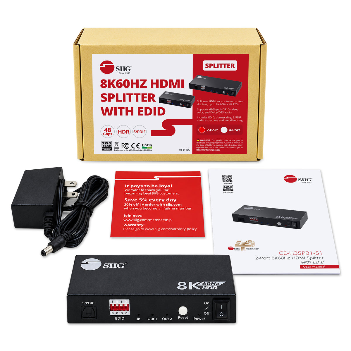 8K HDMI 2.1 Splitter 1 Input 2 Output, 8K60Hz 4K120Hz 48Gbps HDCP2.3, EDID Function, S/PDIF Audio Extractor, Metal Housing