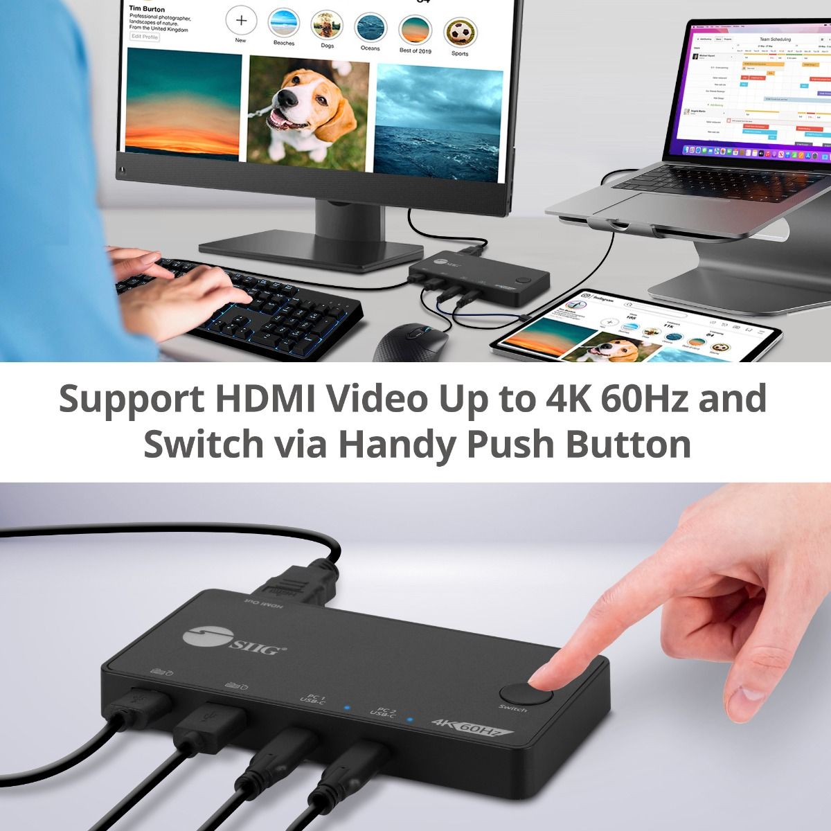 2x1 USB-C 4K60Hz Video KVM Switch, Mini and Portable KVM, USB-C bus powered, MacBook Pro, iPad Pro, USB-C DP Alt-mode Tablet, Windows & Mac USB-C Laptop