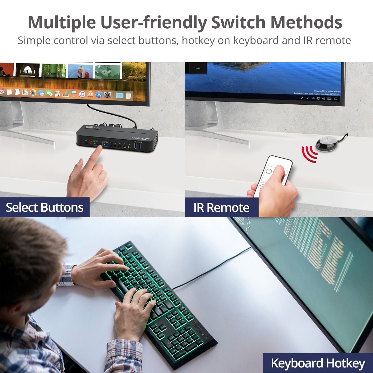 2x1 DisplayPort 4K KVM USB 3.0 Switch with Remote Control