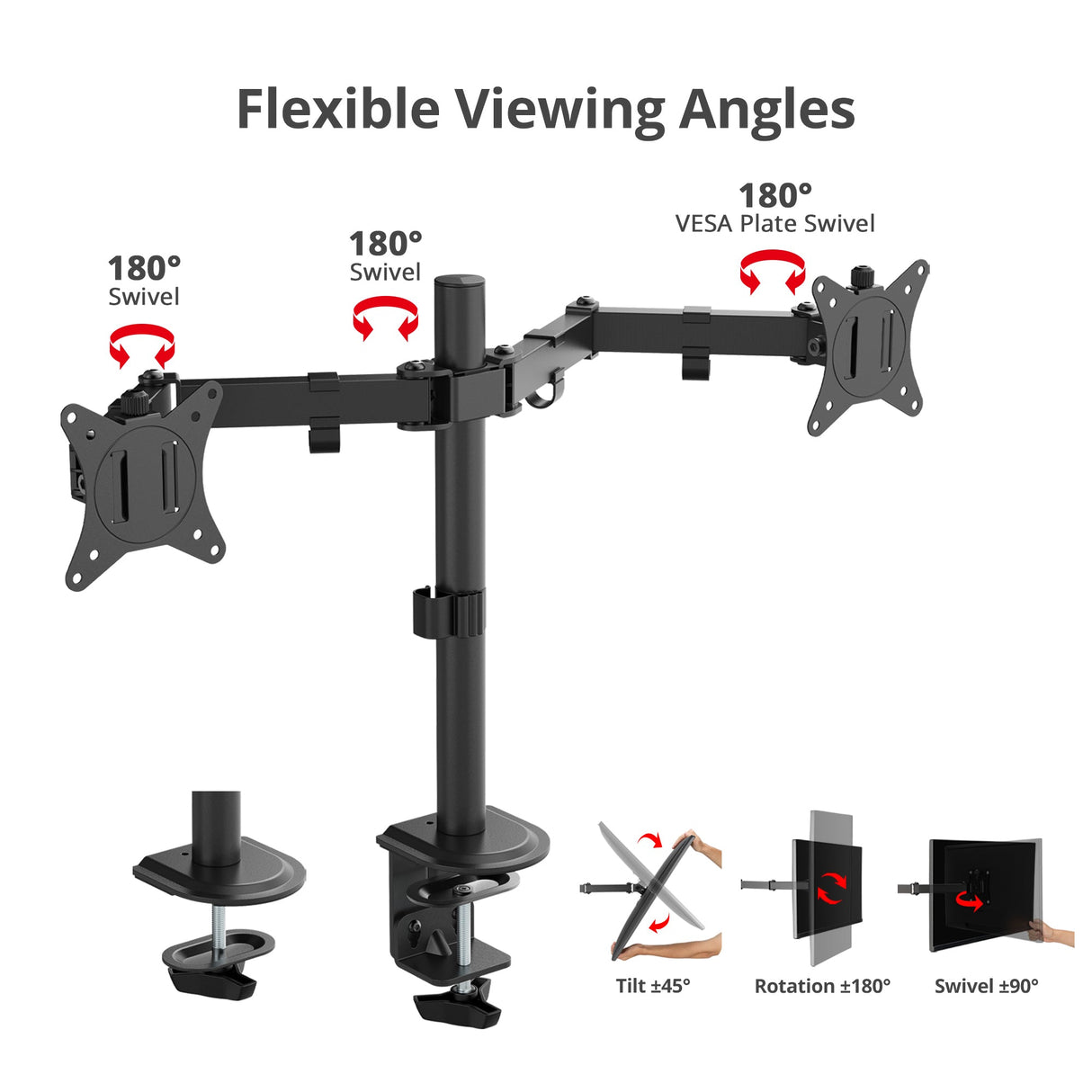 Articulating Dual Monitor Desk Mount - 17" to 32" - Max Load 19.8 lbs(each) - VESA Plate 75x75mm/100x100mm