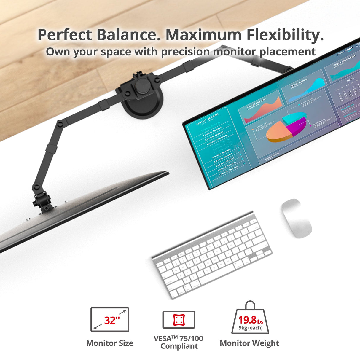 Articulating Dual Monitor Desk Mount - 17" to 32" - Max Load 19.8 lbs(each) - VESA Plate 75x75mm/100x100mm