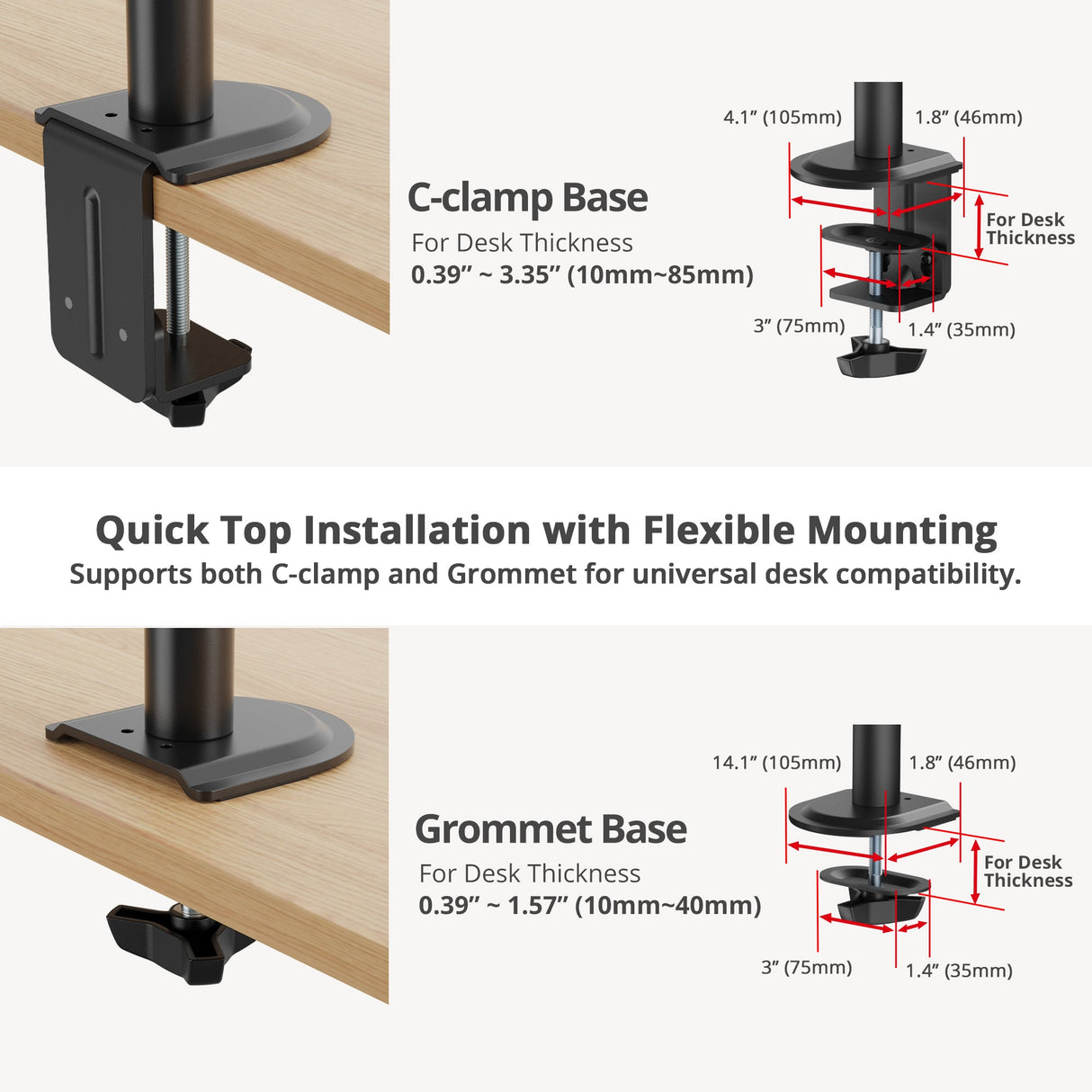 Articulating Dual Monitor Desk Mount - 17" to 32" - Max Load 19.8 lbs(each) - VESA Plate 75x75mm/100x100mm