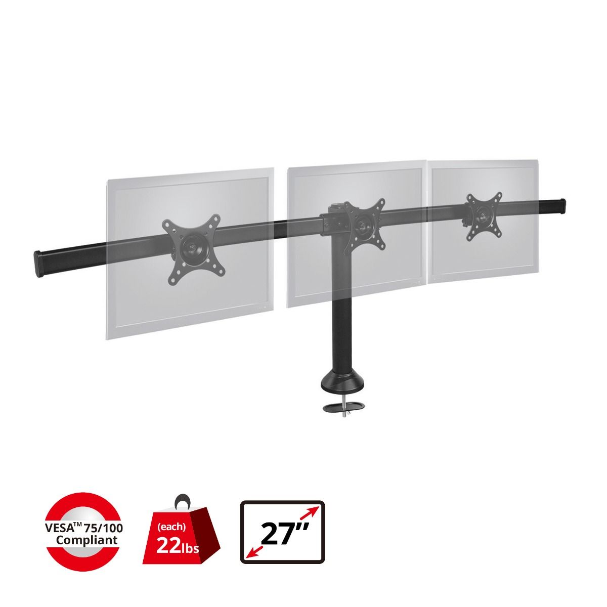 Triple Monitor Freestanding Desk Stand - 13" to 27" - Max Load 22 lbs - VESA 75/100mm