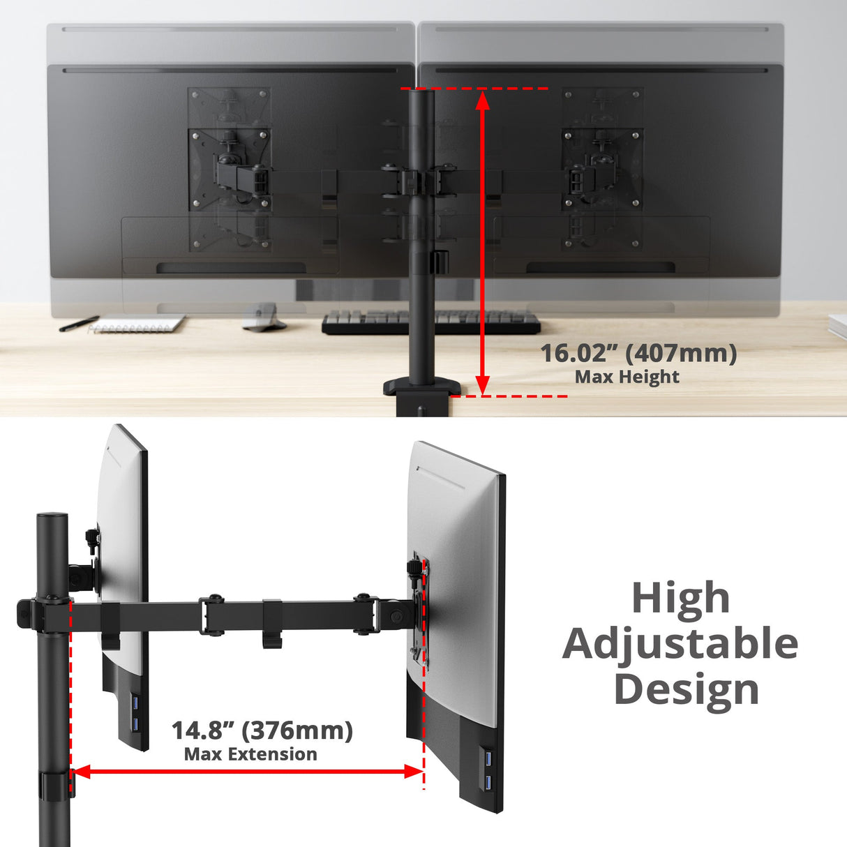 Dual Monitor Articulating Desk Mount - Fits 13" to 32" monitors - Max Load 19.8 lbs each - VESA Plate 75x75/100x100mm