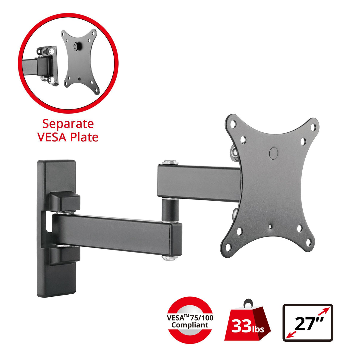 Articulating LCD/TV Monitor Wall Mount - 13" to 27" Monitors, Max load 33 lbs, VESA plat 75x75mm,100x100mm