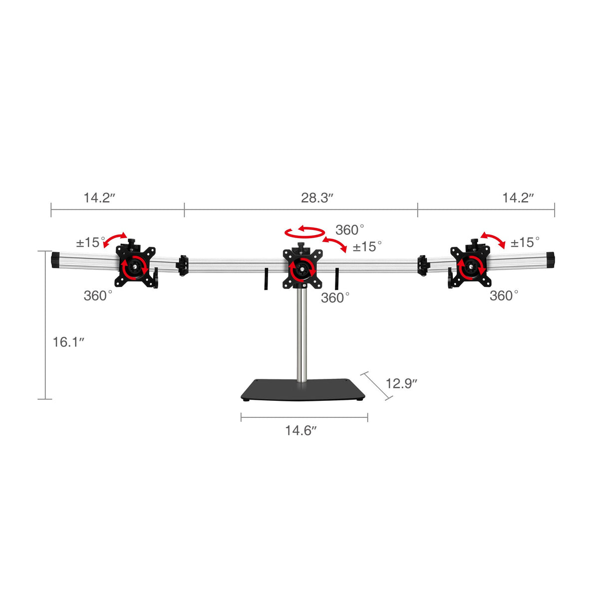 Premium Aluminum Freestanding Triple Monitor desk stand - 13" to 27" - Max Load 17.6 lbs each