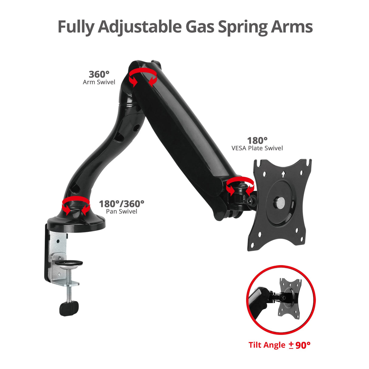 Full-Motion Gas Spring Single Monitor Desk Mount 13” to 27” - Black, Max load 13.2 Ibs, Full-motion Adjustment