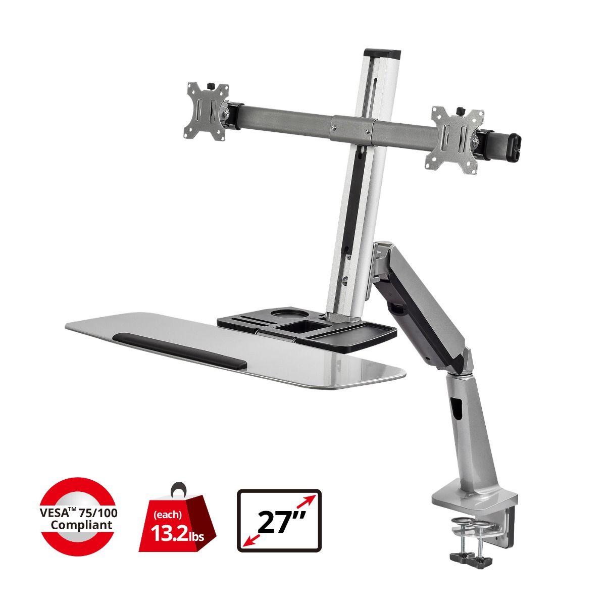 Standing Desk Converter With Height Adjustable Keyboard & Counterbalance Monitor Arm - 13" to 27" - Max Load 13.2lbs