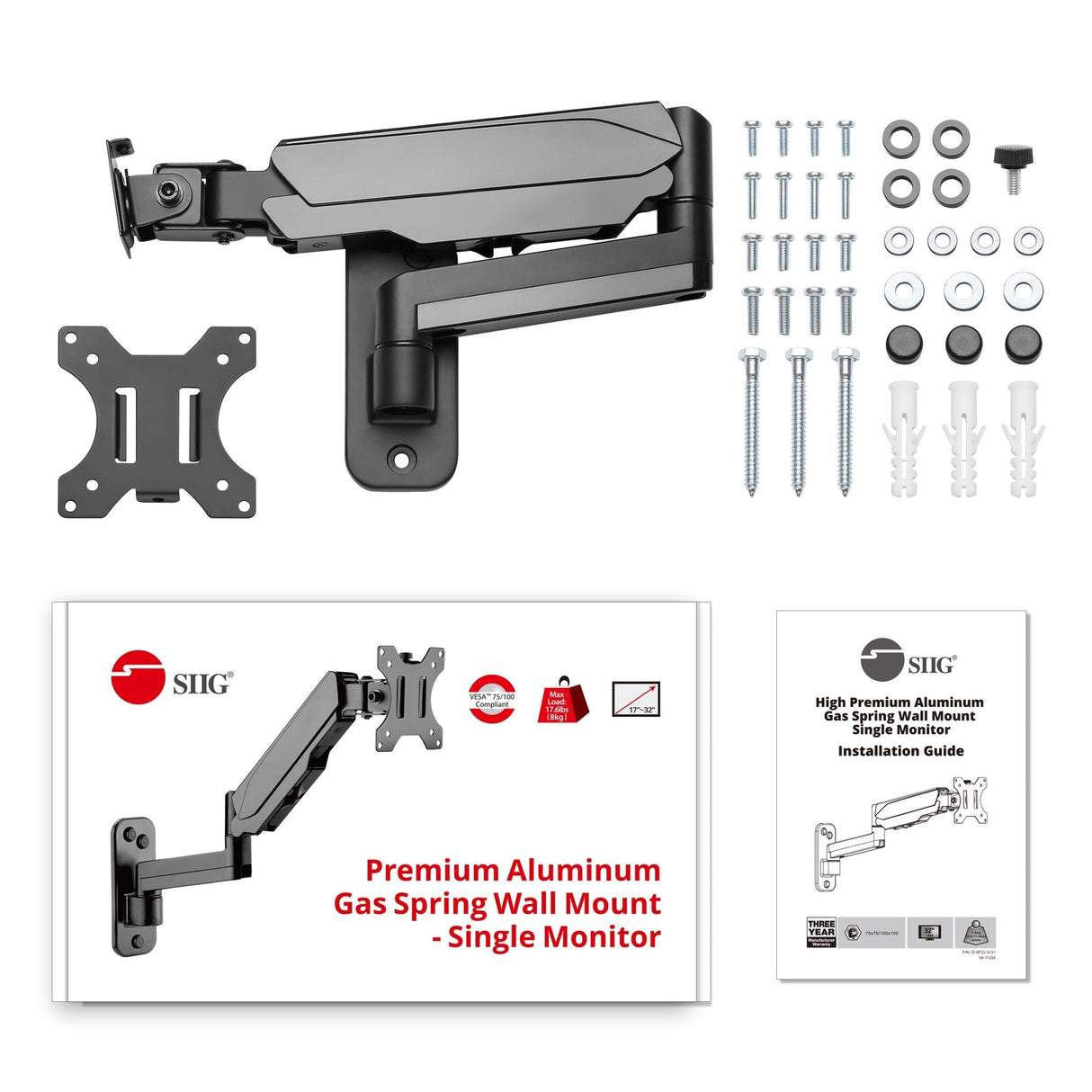 High Premium Aluminum Gas Spring Wall Mount - Single Monitor - 17" to 34" - weight up to 19.8 lbs
