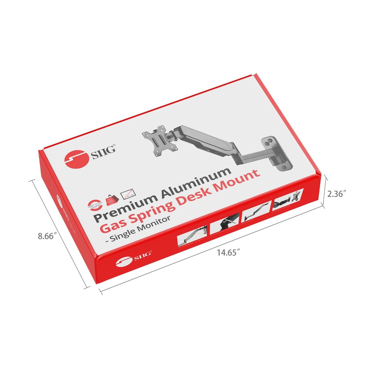High Premium Aluminum Gas Spring Wall Mount - Single Monitor - 17" to 34" - weight up to 19.8 lbs