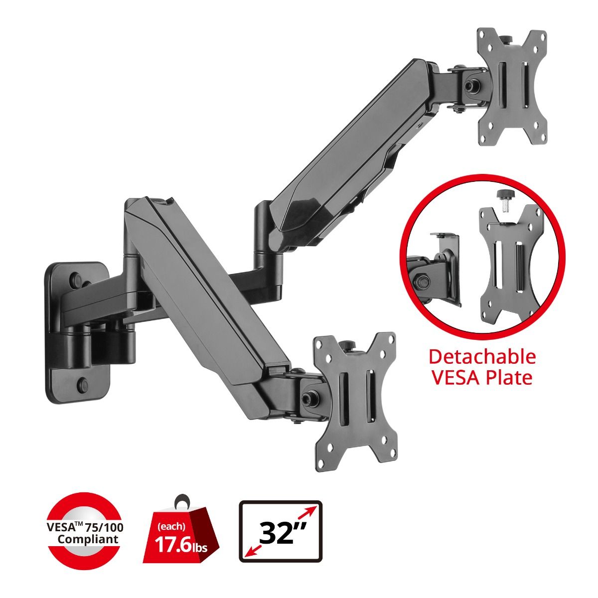 High Premium Aluminum Gas Spring Wall Mount - Dual Monitor, 17" to 32", weight up to 17.6 lbs each