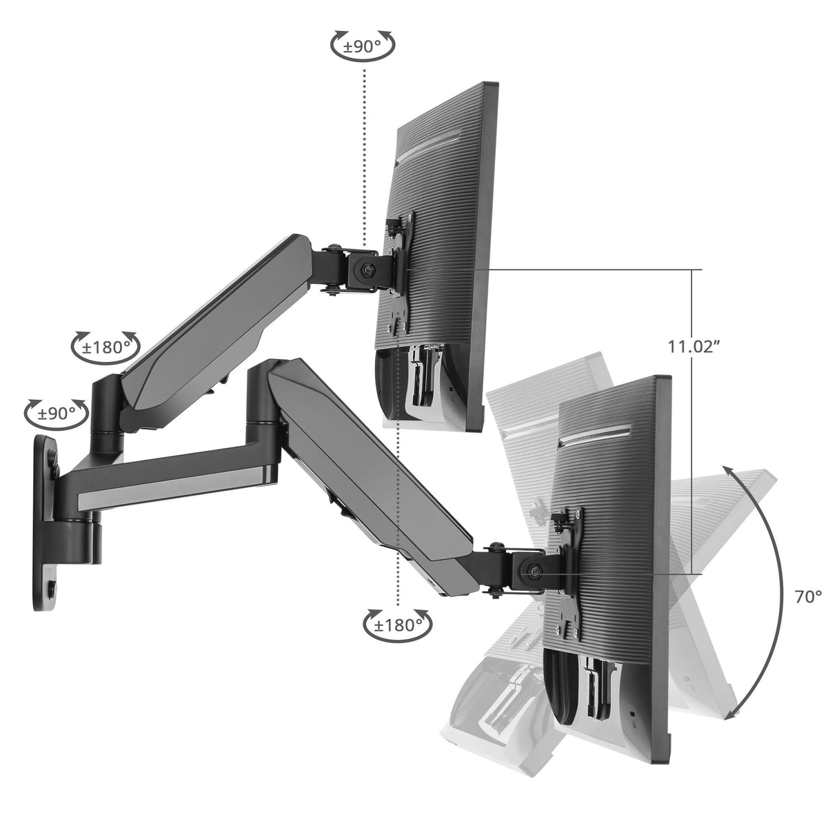 High Premium Aluminum Gas Spring Wall Mount - Dual Monitor, 17" to 32", weight up to 17.6 lbs each