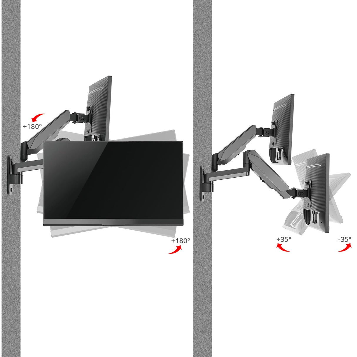 High Premium Aluminum Gas Spring Wall Mount - Dual Monitor, 17" to 32", weight up to 17.6 lbs each
