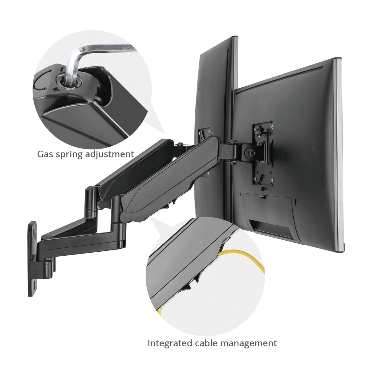 High Premium Aluminum Gas Spring Wall Mount - Dual Monitor, 17" to 32", weight up to 17.6 lbs each