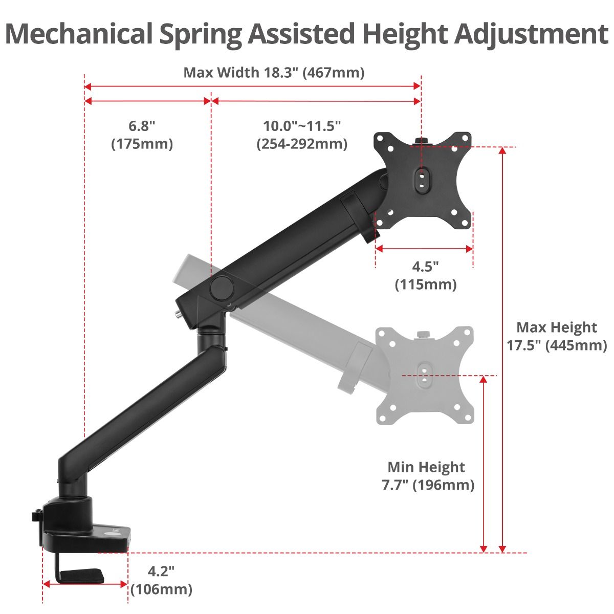 Aluminum Mechanical Spring Slim Monitor Arm Desk Mount- Single 17" to 38", Max Load 26.4 lbs