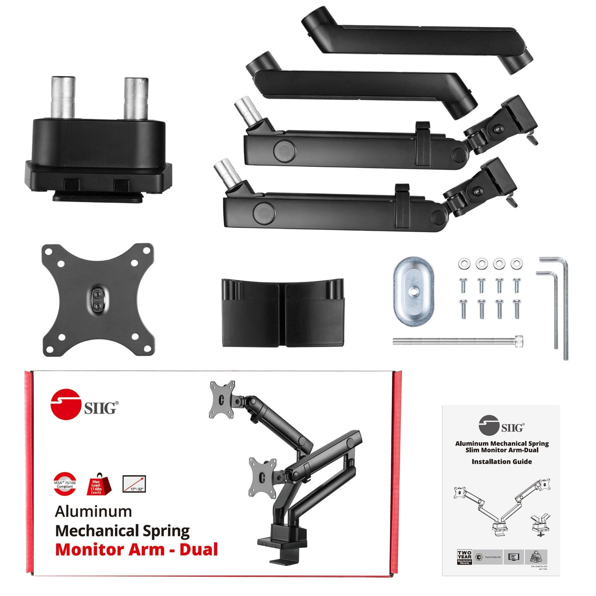 Aluminum Mechanical Spring Slim Monitor Arm Desk Mount - Dual 17" to 32" Monitor, Max Load up to 17.6 lbs each