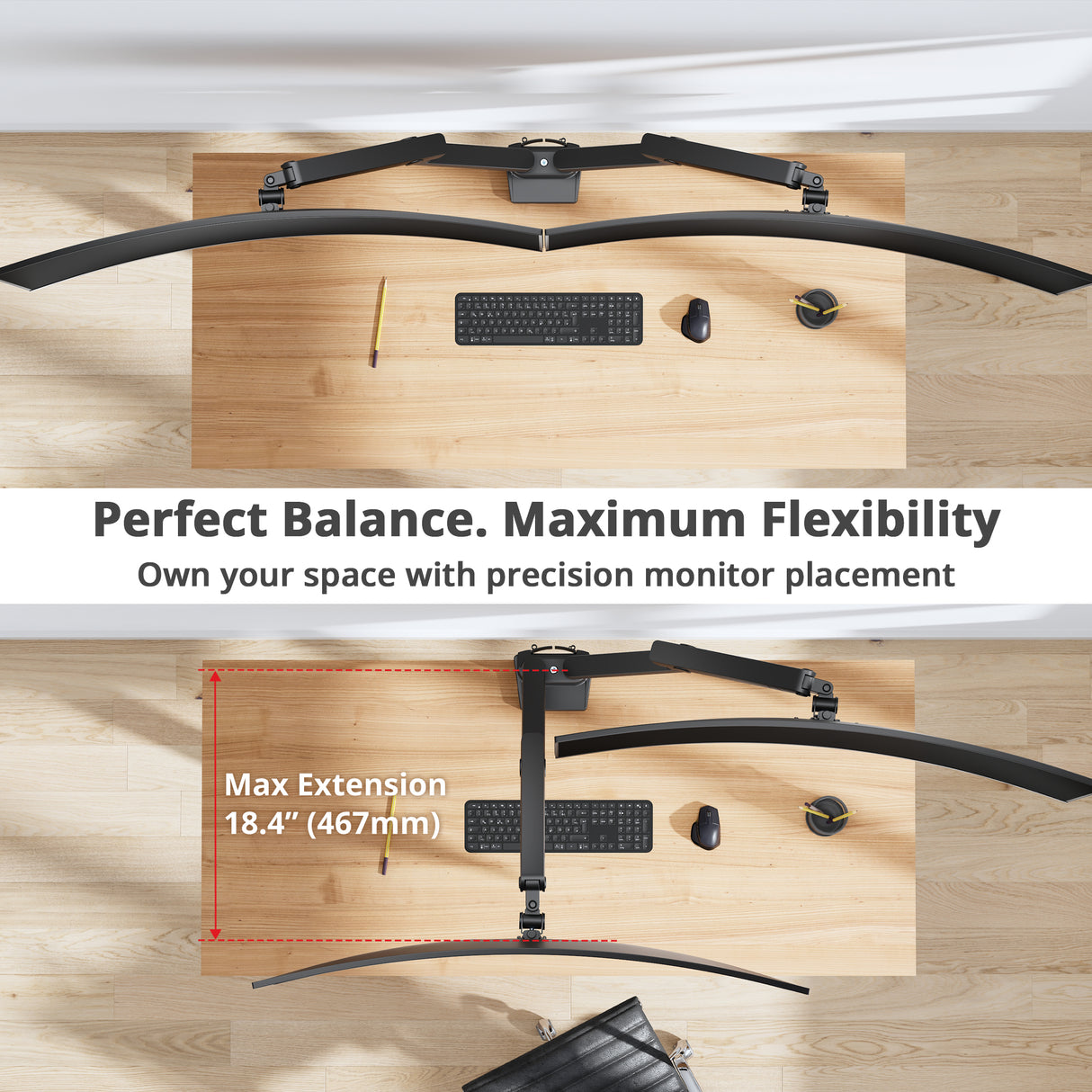 Dual 38" Mechanical Spring Monitor Arm Top Mount-Black - Up to 38" Monitor, Max Load up to 26.4 lbs each