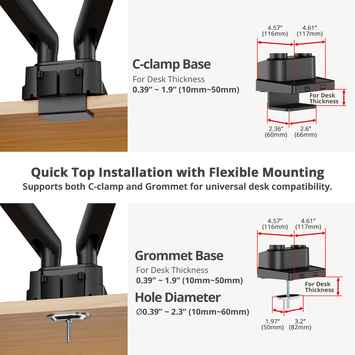 Dual 38" Mechanical Spring Monitor Arm Top Mount-Black - Up to 38" Monitor, Max Load up to 26.4 lbs each