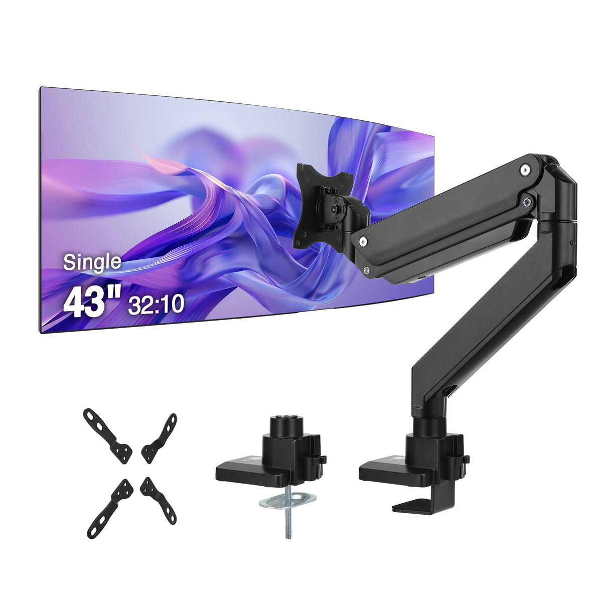 Single 43" Monitor Heavy-Duty Premium Gas Spring Desk Mount - Black, VESA 75x75, 100x100, 200x200mm