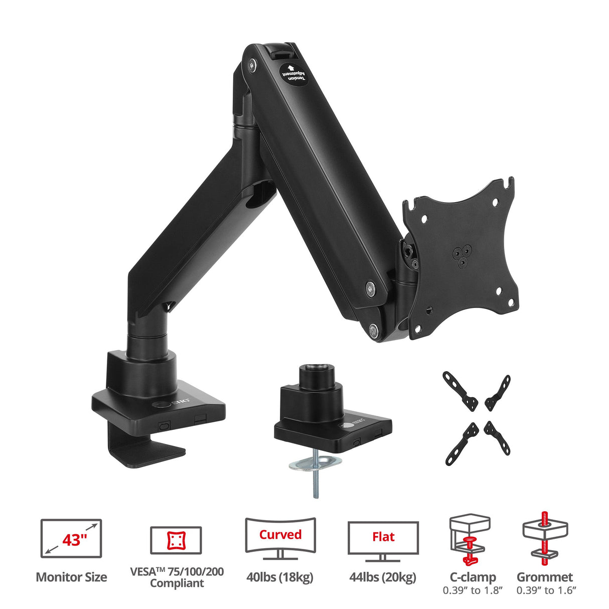 Single 43" Monitor Heavy-Duty Premium Gas Spring Desk Mount - Black, VESA 75x75, 100x100, 200x200mm