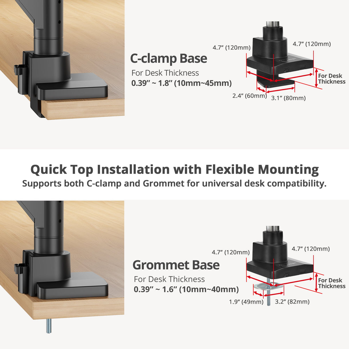 Single 43" Monitor Heavy-Duty Premium Gas Spring Desk Mount - Black, VESA 75x75, 100x100, 200x200mm