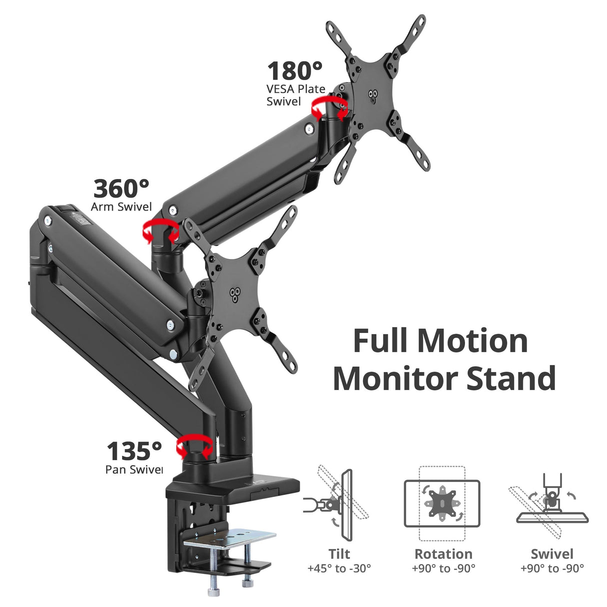 Dual Monitor Heavy-Duty Premium Aluminum Gas Spring Desk Mount - up to 43", VESA 75x75, 100x100, 200x200mm