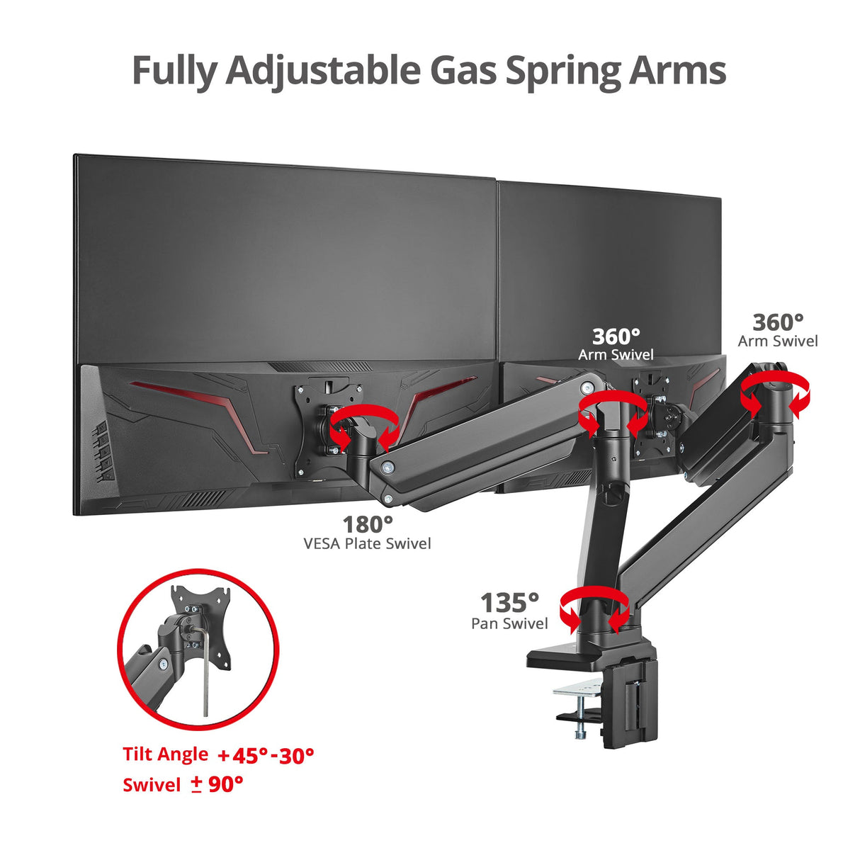 Dual Monitor Heavy-Duty Premium Aluminum Gas Spring Desk Mount - up to 43", VESA 75x75, 100x100, 200x200mm