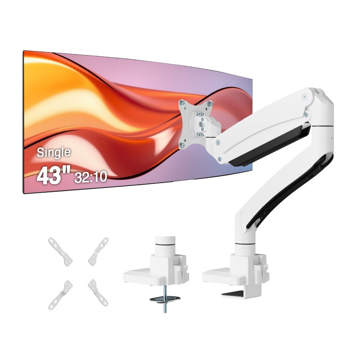 Single 43" Monitor Heavy-Duty Premium Gas Spring Desk Mount - White, VESA 75x75, 100x100, 200x200mm