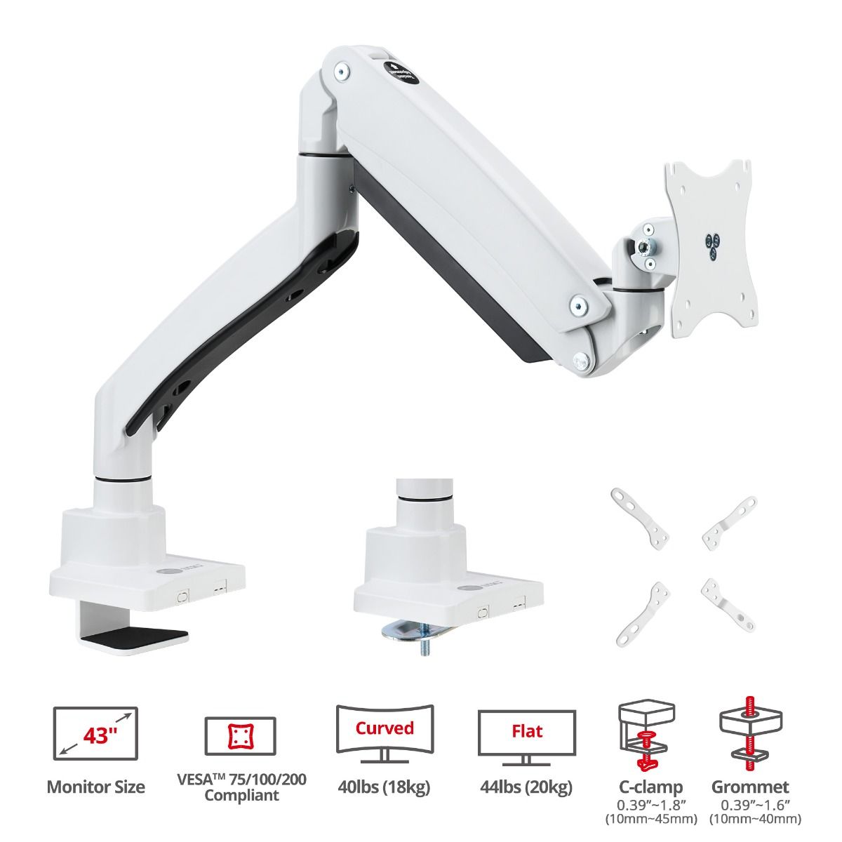 Single 43" Monitor Heavy-Duty Premium Gas Spring Desk Mount - White, VESA 75x75, 100x100, 200x200mm