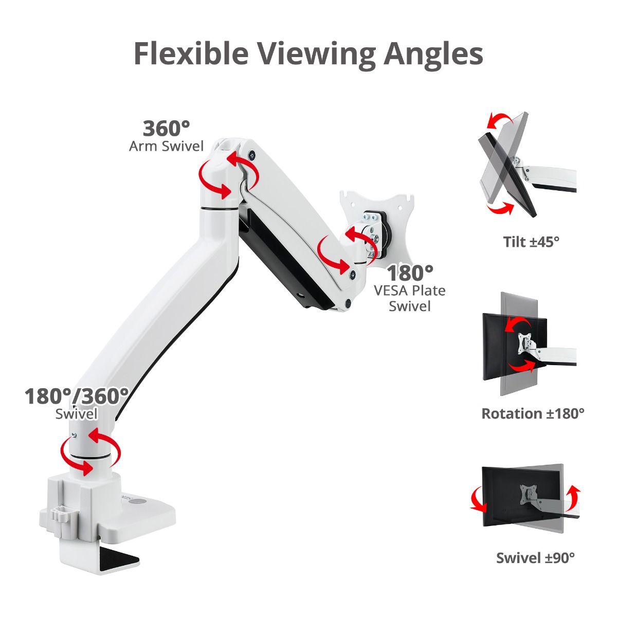 Single 43" Monitor Heavy-Duty Premium Gas Spring Desk Mount - White, VESA 75x75, 100x100, 200x200mm