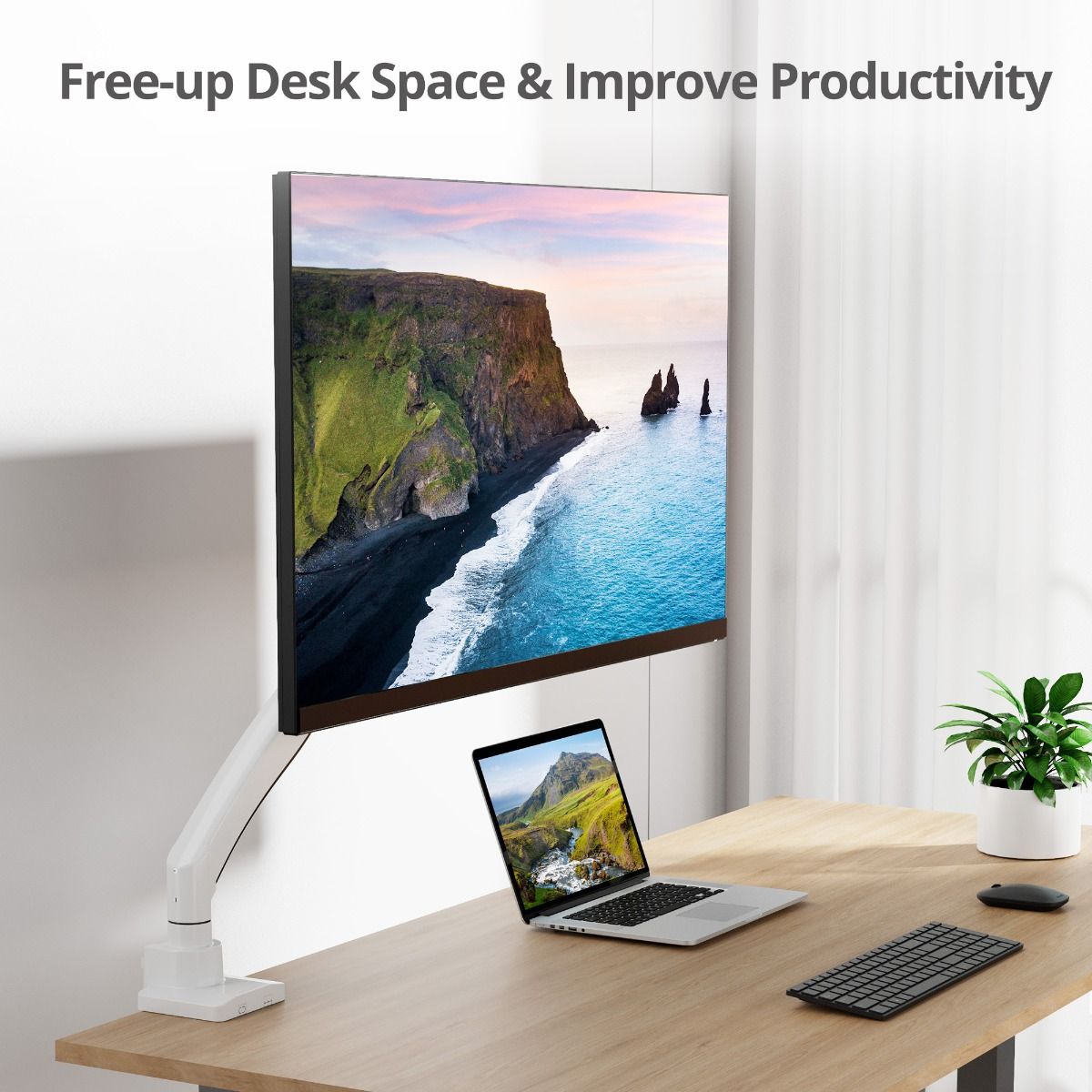 Single 43" Monitor Heavy-Duty Premium Gas Spring Desk Mount - White, VESA 75x75, 100x100, 200x200mm