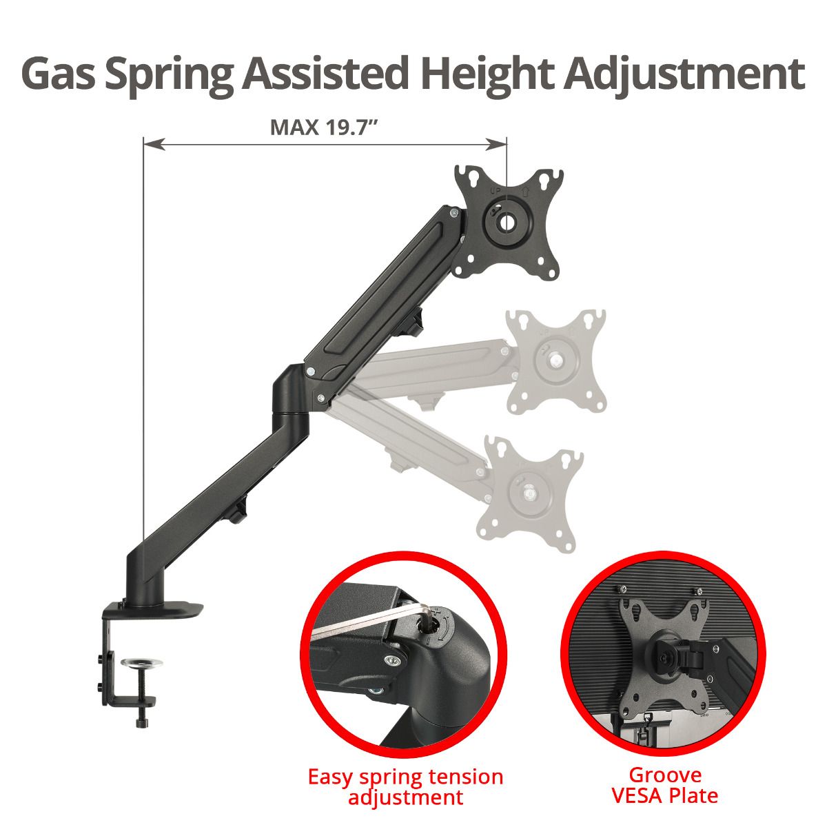 Single Monitor Gas Spring C-Clamp Desk Mount -17 to 27", Max Load 14.3 lbs